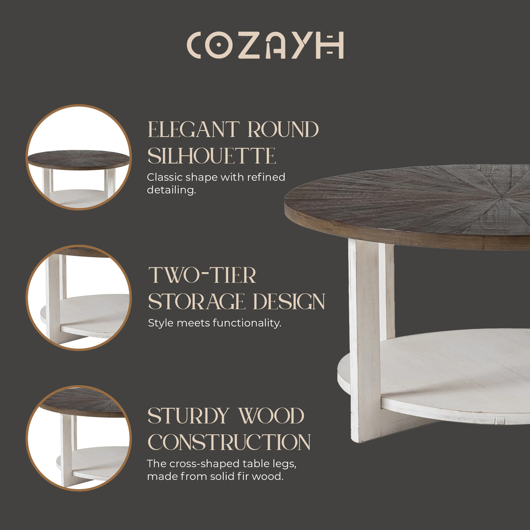 COZAYH Rustic Farmhouse Large Round Wood Coffee Table with Storage Shelf, Brown
