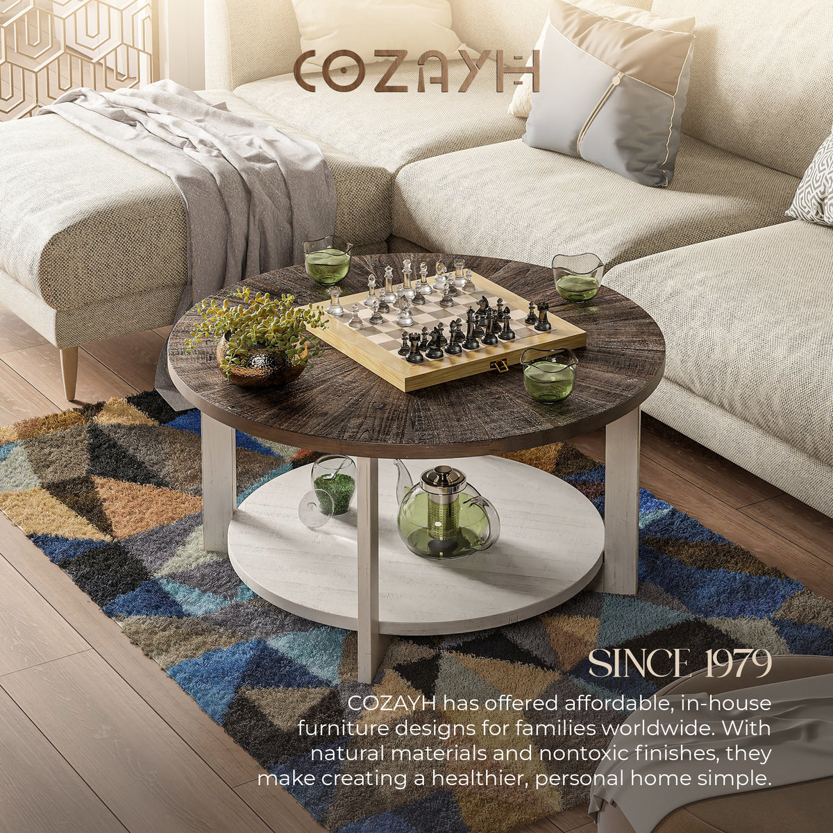 COZAYH Rustic Farmhouse Large Round Wood Coffee Table with Storage Shelf (Used)