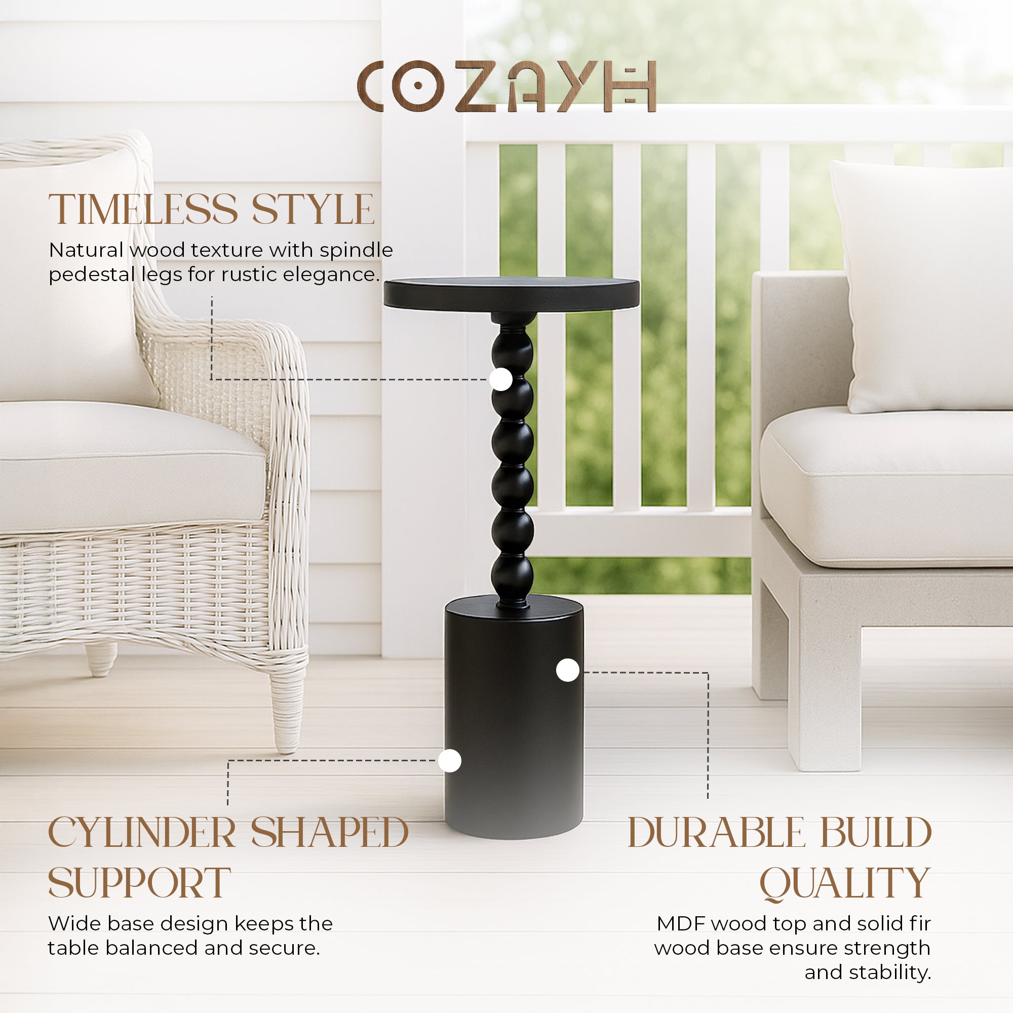 COZAYH Farmhouse Pedestal Side Table for Living Room & Bedrooms, Black, Set of 2 - VMInnovations