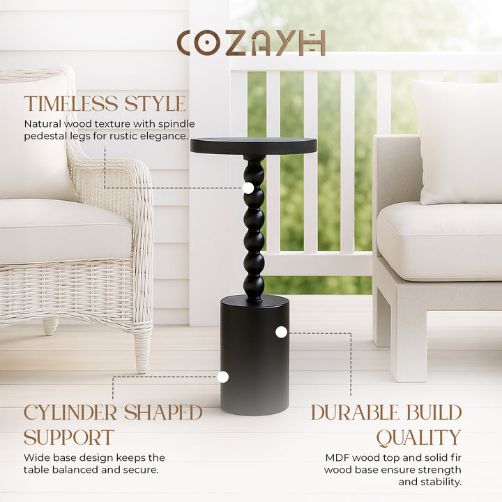 COZAYH Farmhouse Pedestal Side Table for Living Room & Bedrooms, Black, Set of 2