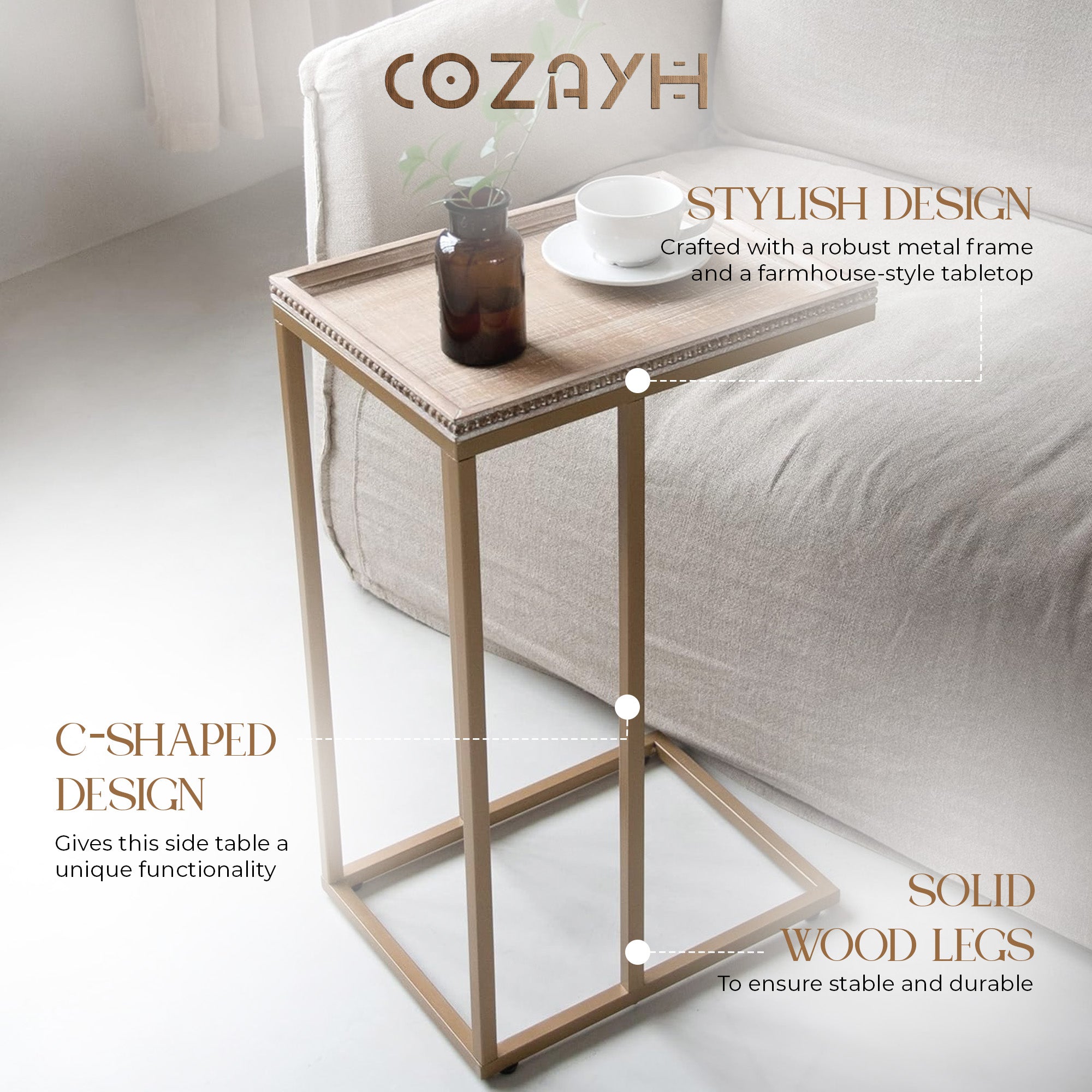 COZAYH Farmhouse C End Table, Accent Furniture w/Woven Rattan Tray Top(Open Box)