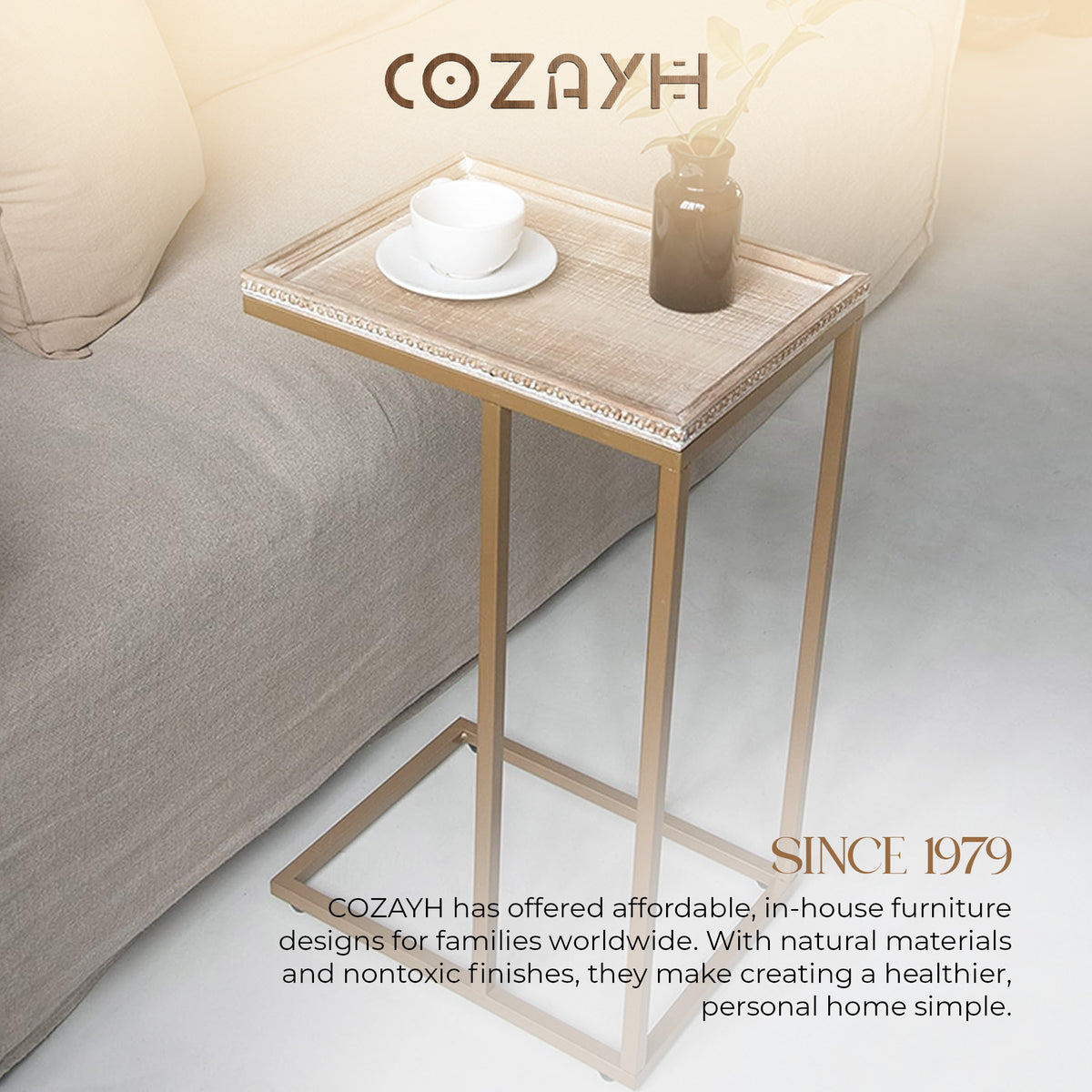 COZAYH Farmhouse C End Table, Accent Furniture with Beaded Edge Tray Top, Gold