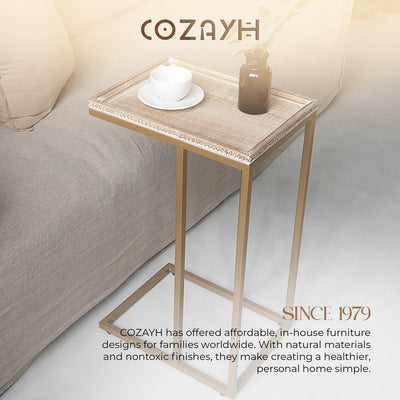 COZAYH Farmhouse C End Table, Accent Furniture with Beaded Edge Tray Top, Gold