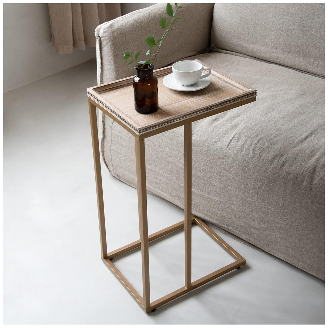 COZAYH Farmhouse C End Table, Accent Furniture with Woven Rattan Tray Top, Gold