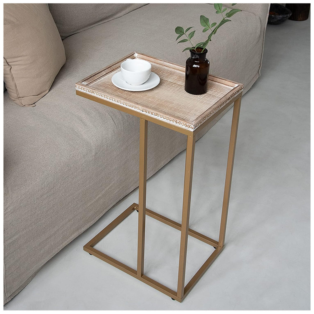 COZAYH Farmhouse C End Table, Accent Furniture with Woven Rattan Tray Top, Gold