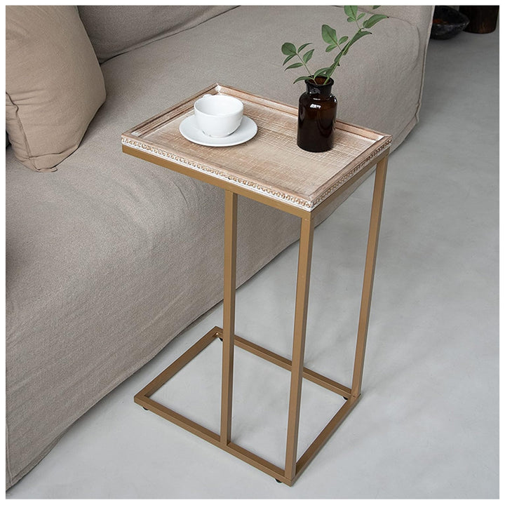 COZAYH Farmhouse C End Table, Accent Furniture with Woven Rattan Tray Top, Gold