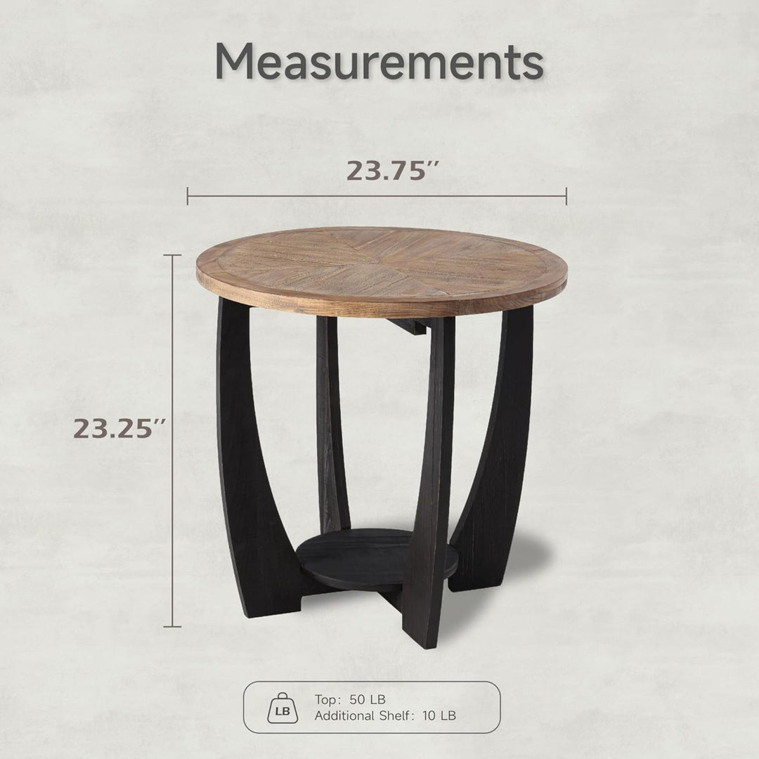 COZAYH Rustic Farmhouse Round End Table, Storage Shelf for Living Room, Black