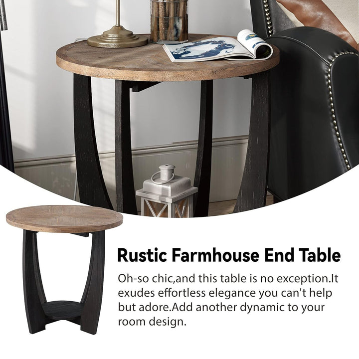 COZAYH Rustic Farmhouse Round End Table, Storage Shelf for Living Room, Black