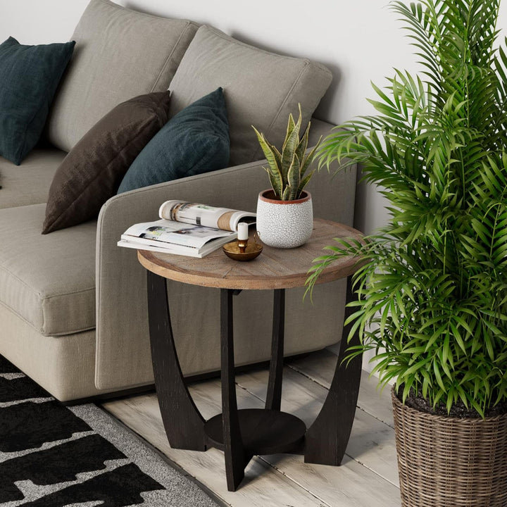 COZAYH Rustic Farmhouse Round End Table for Living Room Decor, Black, Set of 2