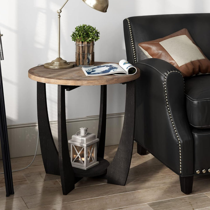COZAYH Rustic Farmhouse Round End Table for Living Room Decor, Black, Set of 2