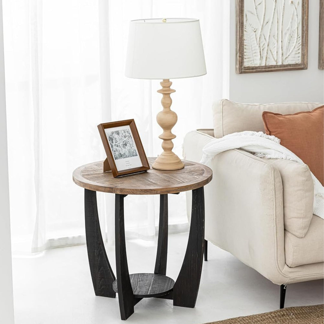 COZAYH Rustic Farmhouse Round End Table, Storage Shelf for Living Room, Black