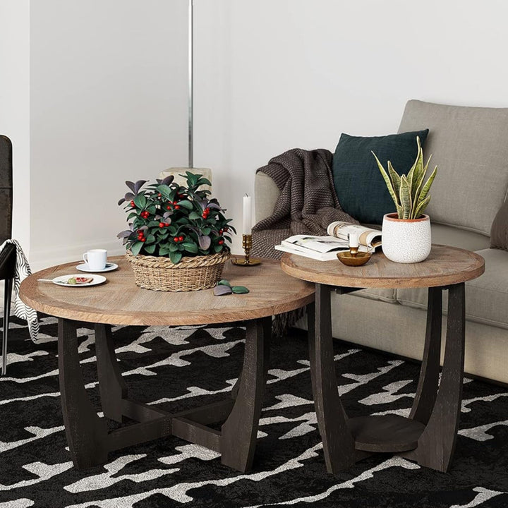 COZAYH Rustic Farmhouse Round End Table for Living Room Decor, Black, Set of 2