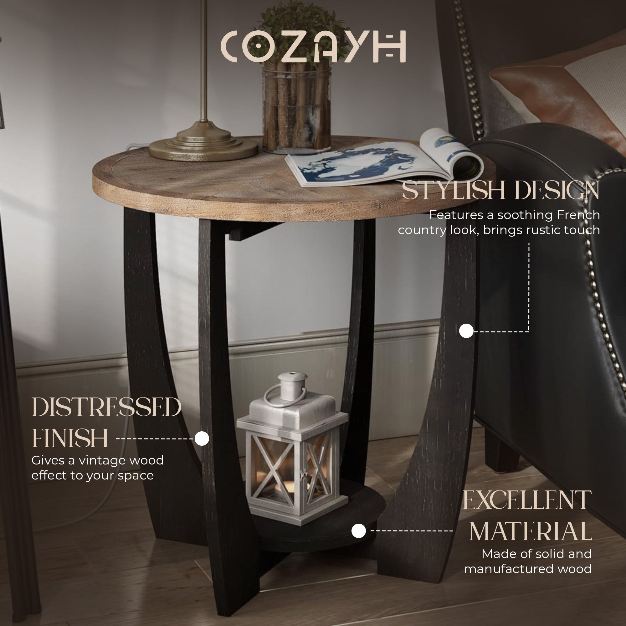 COZAYH Rustic Farmhouse Round End Table, Storage Shelf for Living Room(Open Box) - VMInnovations