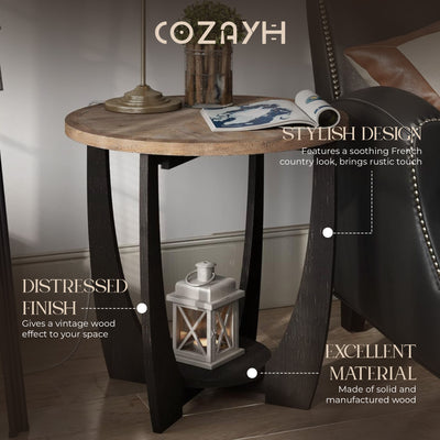 COZAYH Rustic Farmhouse Round End Table, Storage Shelf for Living Room (Used)