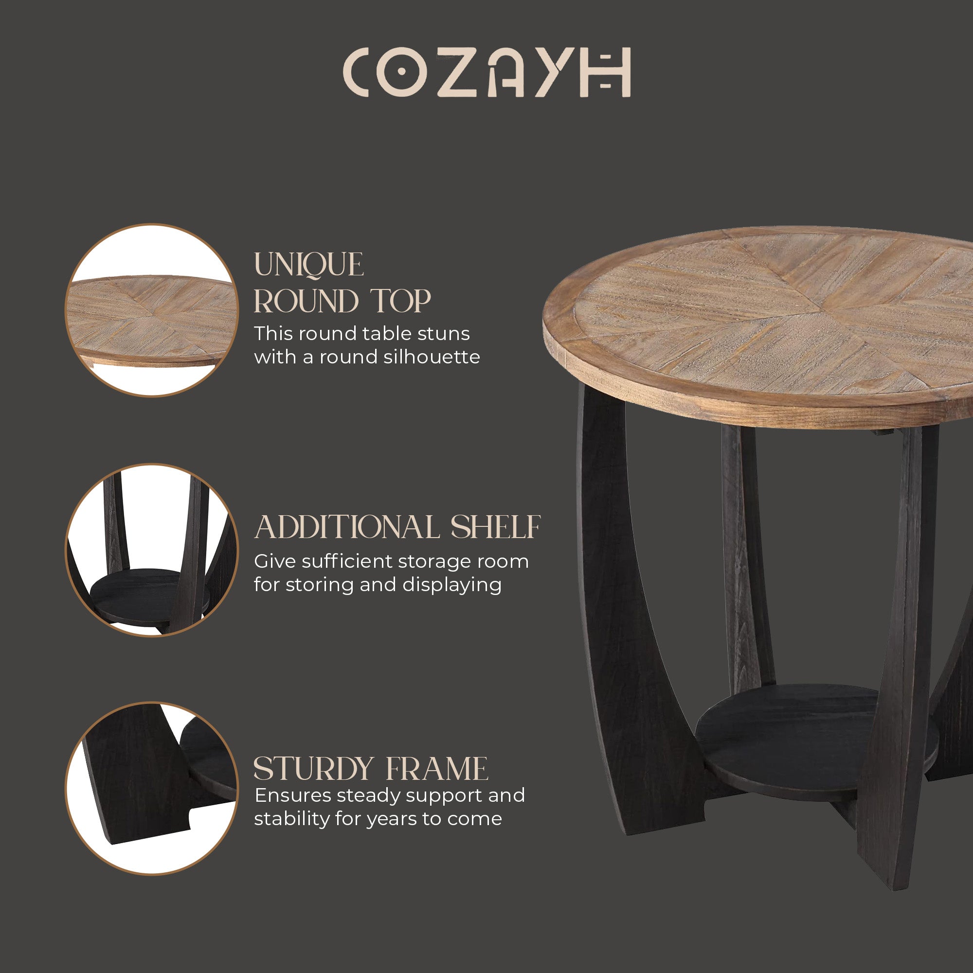 COZAYH Rustic Farmhouse Round End Table, Storage Shelf for Living Room (Used)