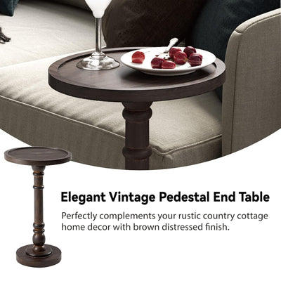 COZAYH Pedestal Tray Top End Table for Drink, Lamp, Plant, Dark Brown, Set of 2