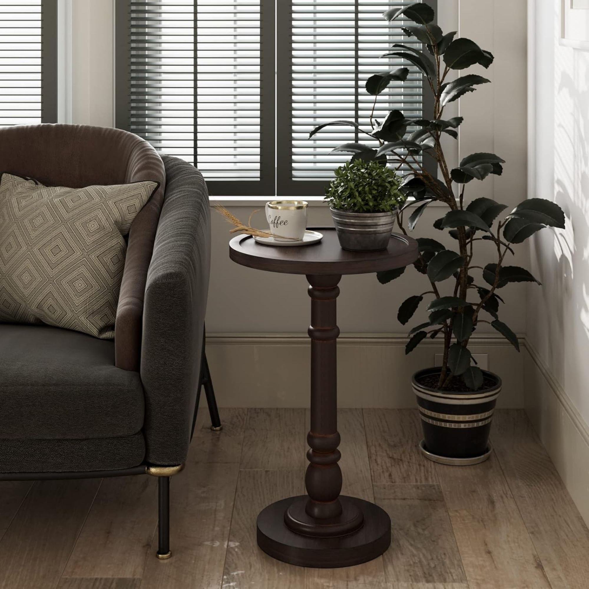 COZAYH Pedestal Tray Top End Table for Drink, Lamp, Plant, Dark Brown, Set of 2