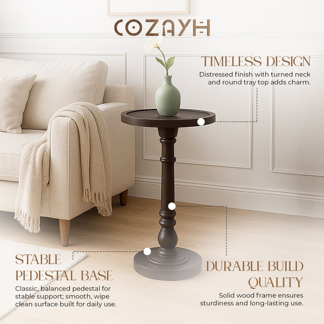 COZAYH Pedestal Tray Top End Table for Drink, Lamp, Plant, Dark Brown, Set of 2
