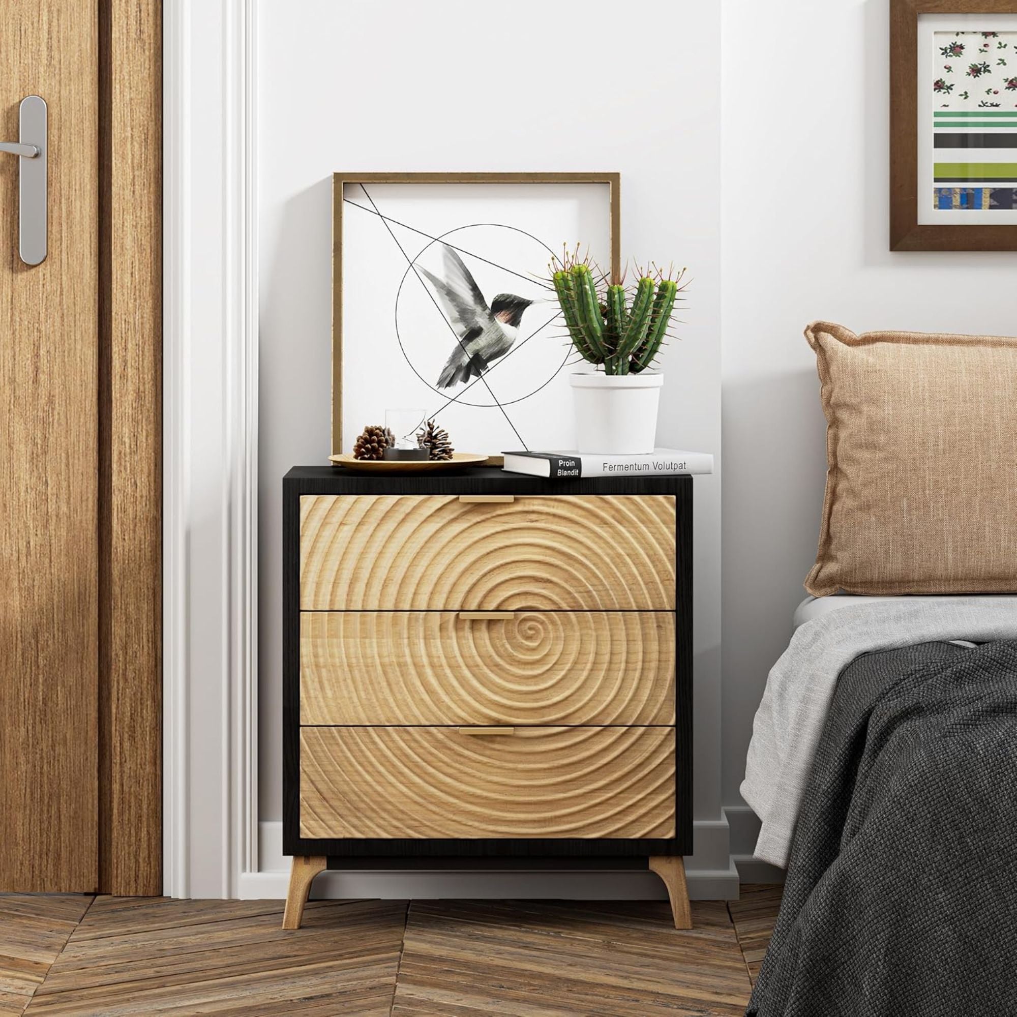 COZAYH 3 Drawer Nightstand Wood Storage Cabinet Accent Chest, Black (Open Box)