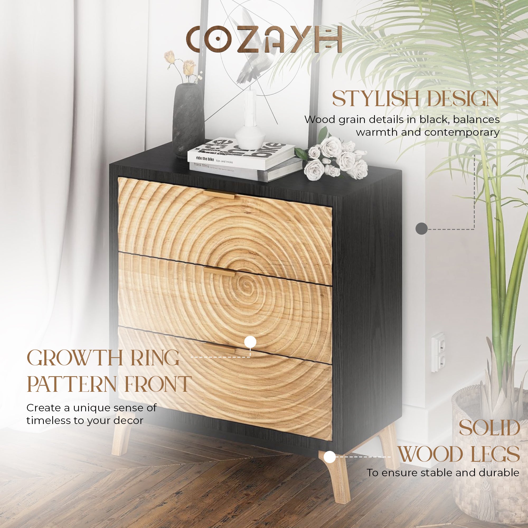 COZAYH 3 Drawer Nightstand Wood Storage Cabinet Accent Chest, Black (Open Box) - VMInnovations