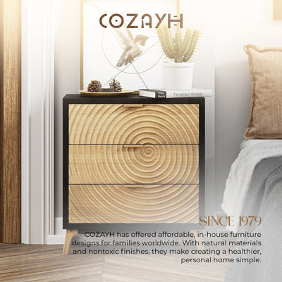 COZAYH 3 Drawer Nightstand Wood Storage Cabinet Accent Chest, Black (Open Box)