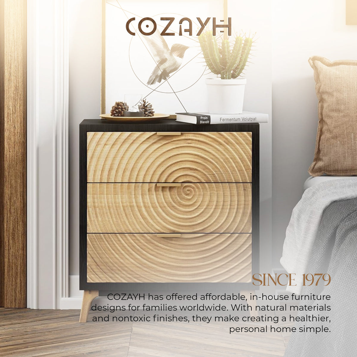 COZAYH 3 Drawer Nightstand Wood Storage Cabinet Accent Chest, Black (Open Box)