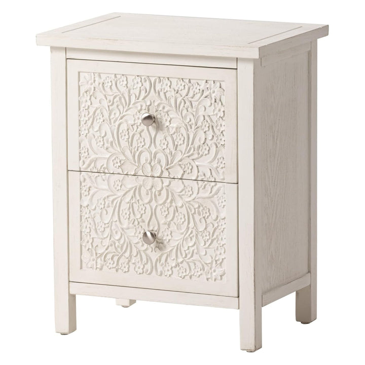 COZAYH Farmhouse 2 Drawer Bedroom Nightstand w/ Embossed Flower Motif, Set of 2