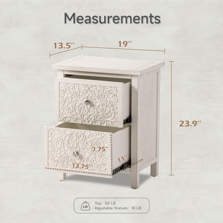 COZAYH Farmhouse 2 Drawer Home Bedroom Nightstand w/Embossed Flower Motif, White