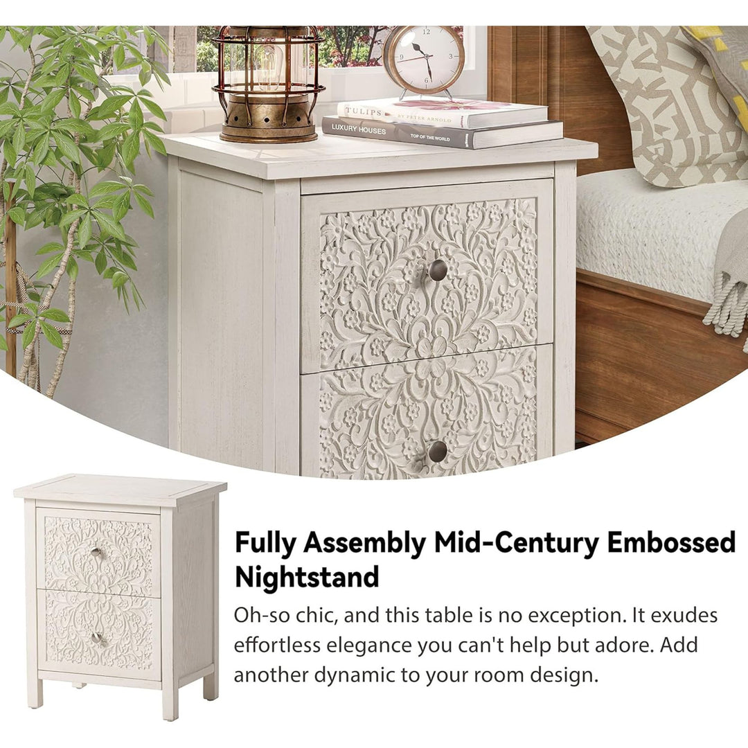 COZAYH Farmhouse 2 Drawer Bedroom Nightstand w/ Embossed Flower Motif, Set of 2
