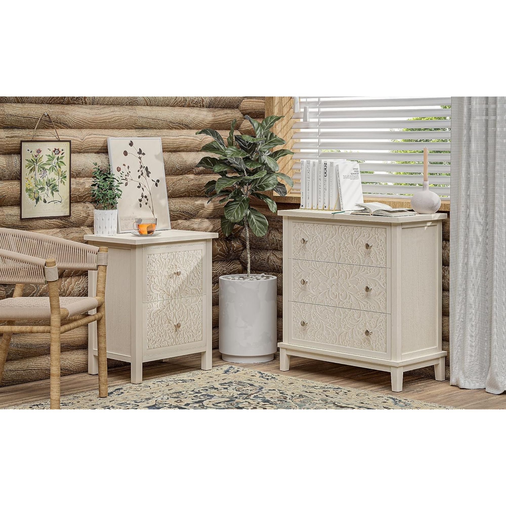 COZAYH Farmhouse 2 Drawer Bedroom Nightstand w/Embossed Flower Motif (Open Box)