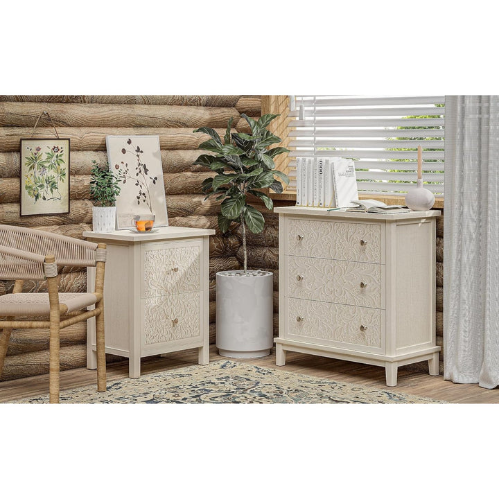 COZAYH Farmhouse 2 Drawer Bedroom Nightstand w/ Embossed Flower Motif, Set of 2