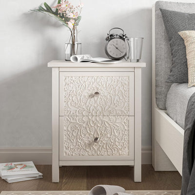 COZAYH Farmhouse 2 Drawer Bedroom Nightstand w/ Embossed Flower Motif, Set of 2