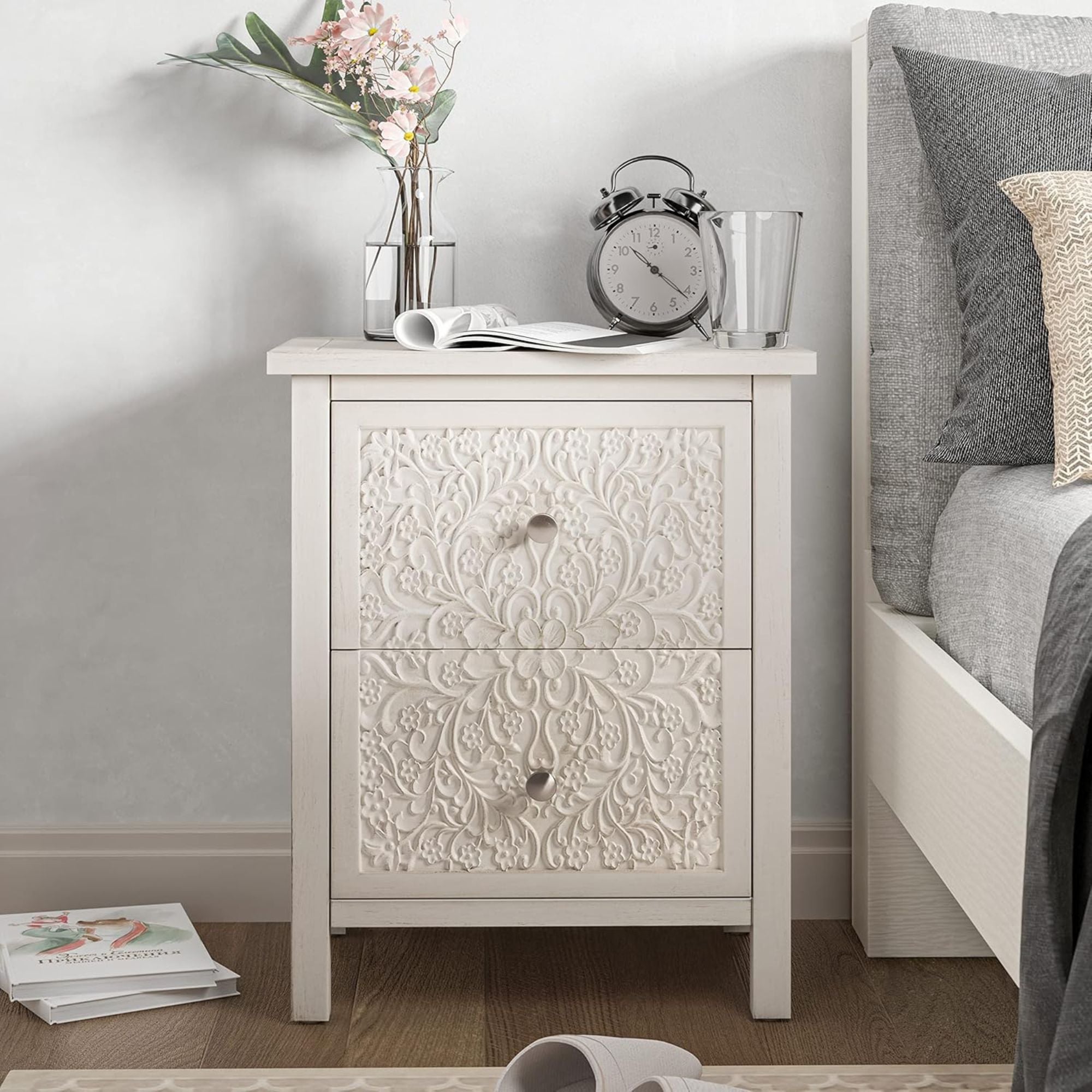 COZAYH Farmhouse 2 Drawer Bedroom Nightstand w/Embossed Flower Motif (Open Box)