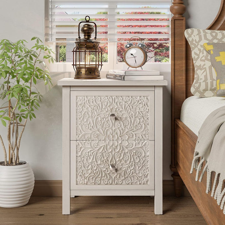 COZAYH Farmhouse 2 Drawer Bedroom Nightstand w/Embossed Flower Motif (Open Box)