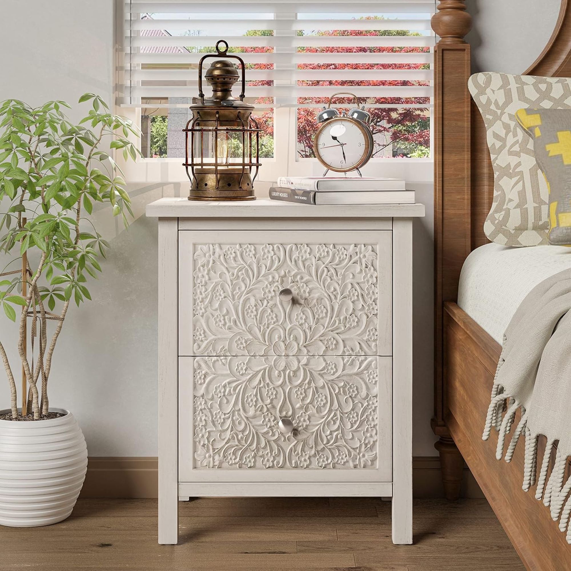 COZAYH Farmhouse 2 Drawer Bedroom Nightstand w/ Embossed Flower Motif, Set of 2