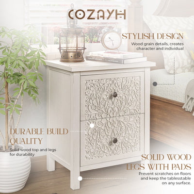 COZAYH Farmhouse 2 Drawer Home Bedroom Nightstand w/Embossed Flower Motif, White - VMInnovations