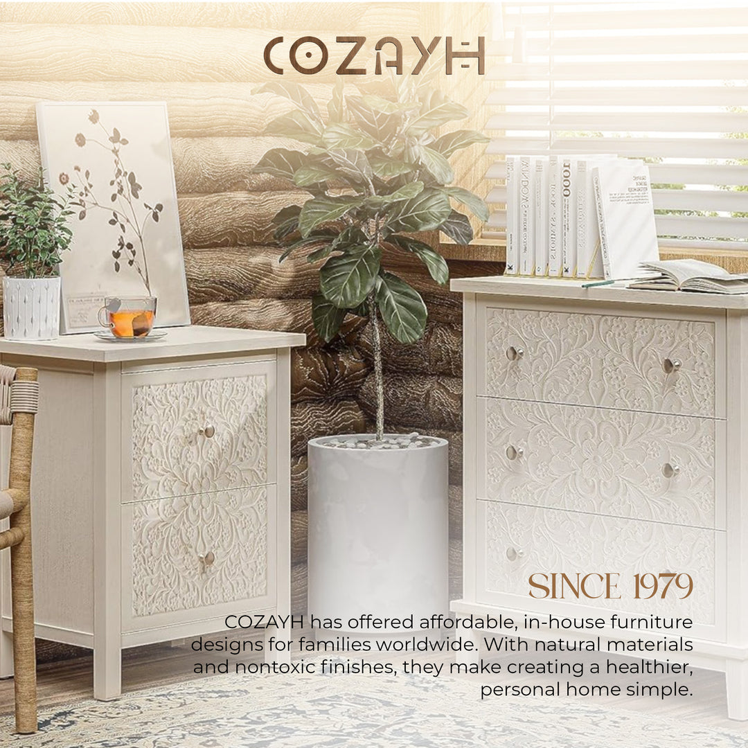 COZAYH Farmhouse 2 Drawer Home Bedroom Nightstand w/Embossed Flower Motif, White