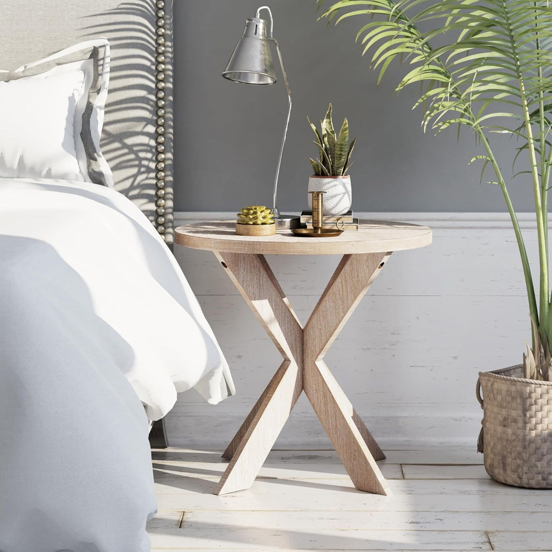 COZAYH Farmhouse Round Wooden End Table with Cross Legs, Grey Finish (Open Box)