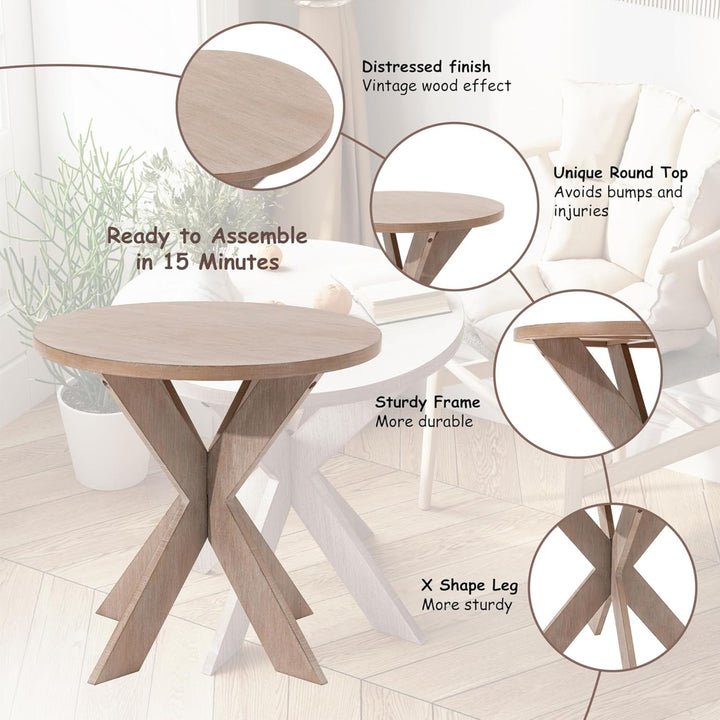 COZAYH Farmhouse Round Wooden End Table with Cross Legs, Vintage Grey Finish