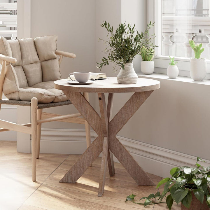 COZAYH Farmhouse Round Wooden End Table with Cross Legs, Vintage Grey, Set of 2