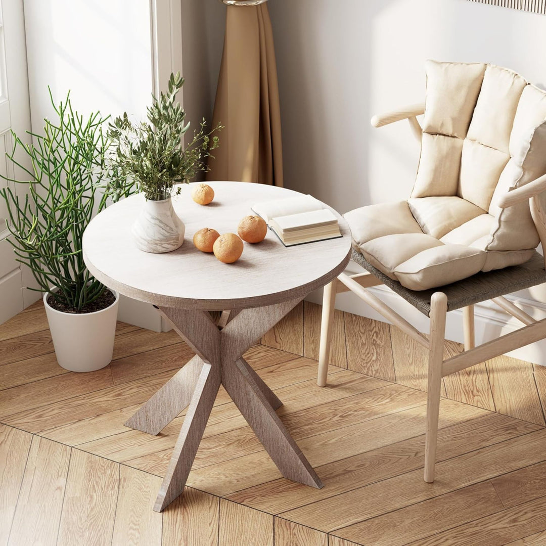 COZAYH Farmhouse Round Wooden End Table with Cross Legs, Grey Finish (Open Box)