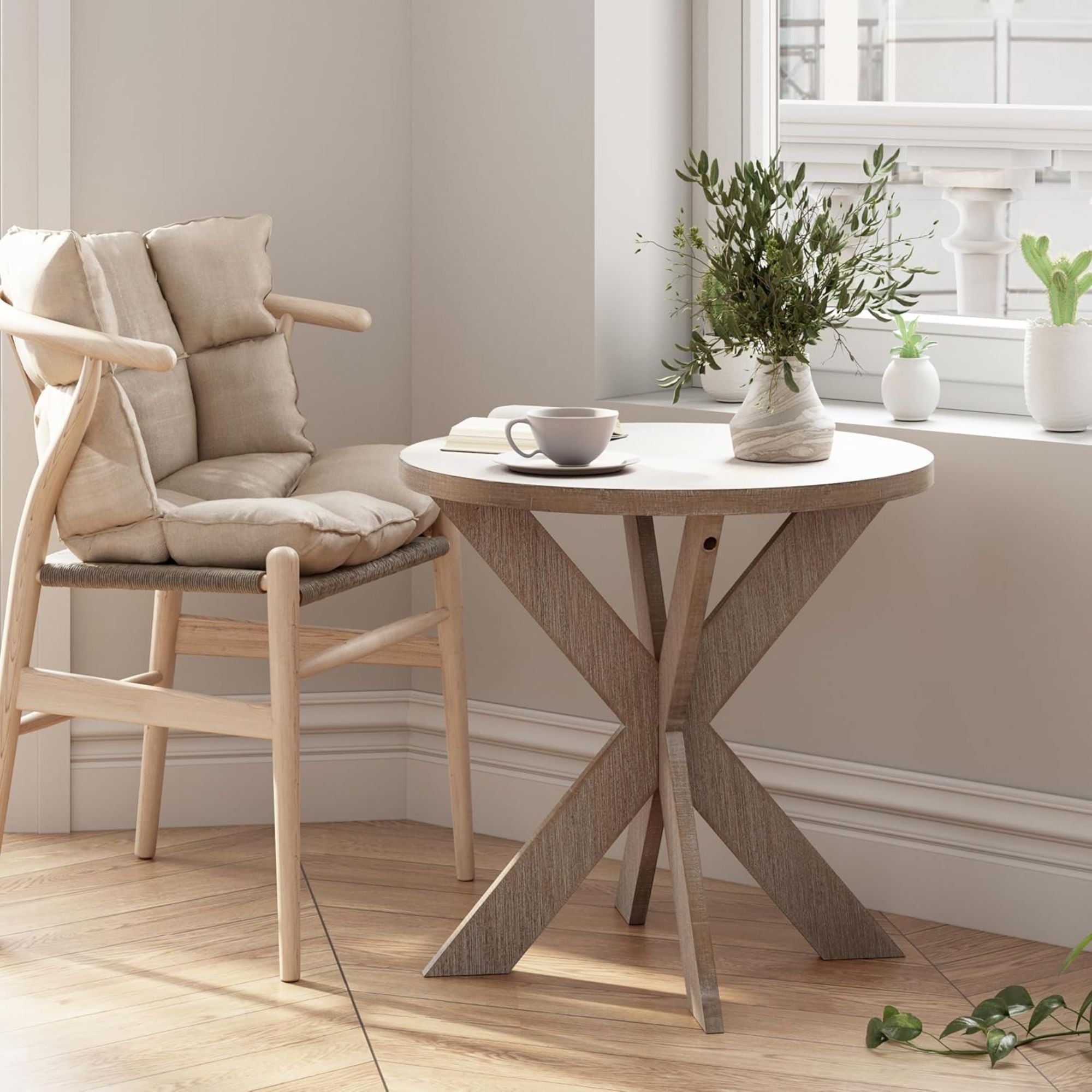COZAYH Farmhouse Round Wooden End Table with Cross Legs, Vintage Grey, Set of 2