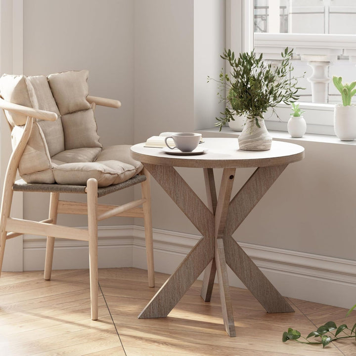 COZAYH Farmhouse Round Wooden End Table with Cross Legs, Grey Finish (Open Box)