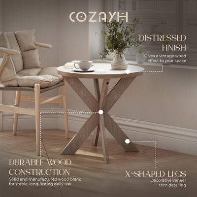 COZAYH Farmhouse Round Wooden End Table with Cross Legs, Grey Finish (Open Box)