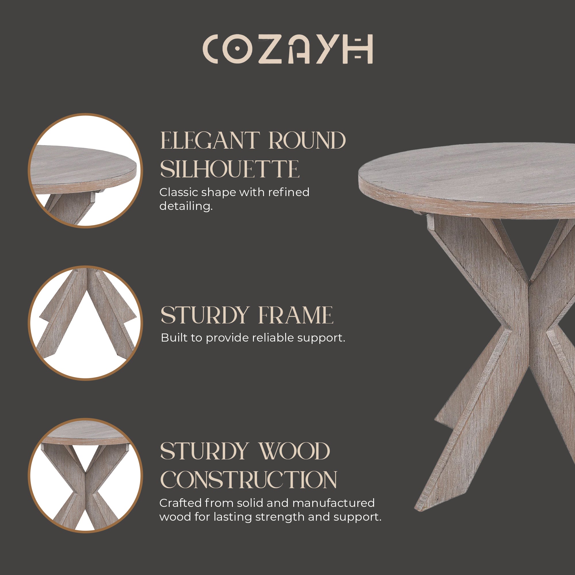 COZAYH Farmhouse Round Wooden End Table with Cross Legs, Vintage Grey Finish
