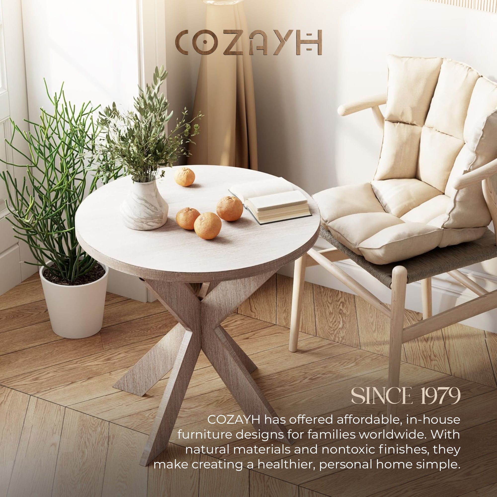 COZAYH Farmhouse Round Wooden End Table with Cross Legs, Vintage Grey Finish