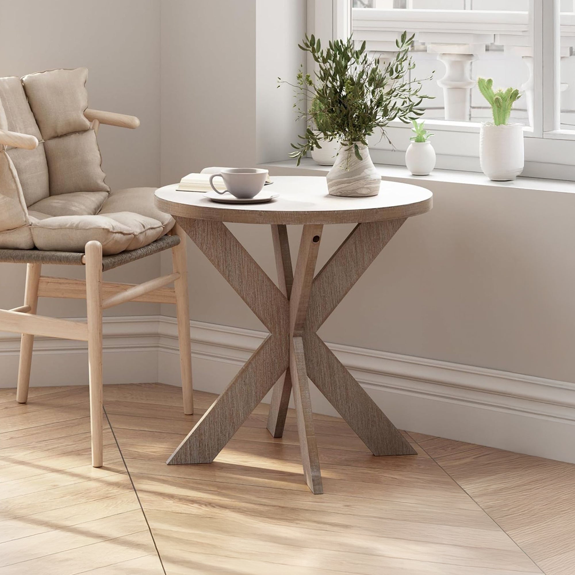 COZAYH Farmhouse Round Wooden End Table with Cross Legs, Grey Finish (Open Box)