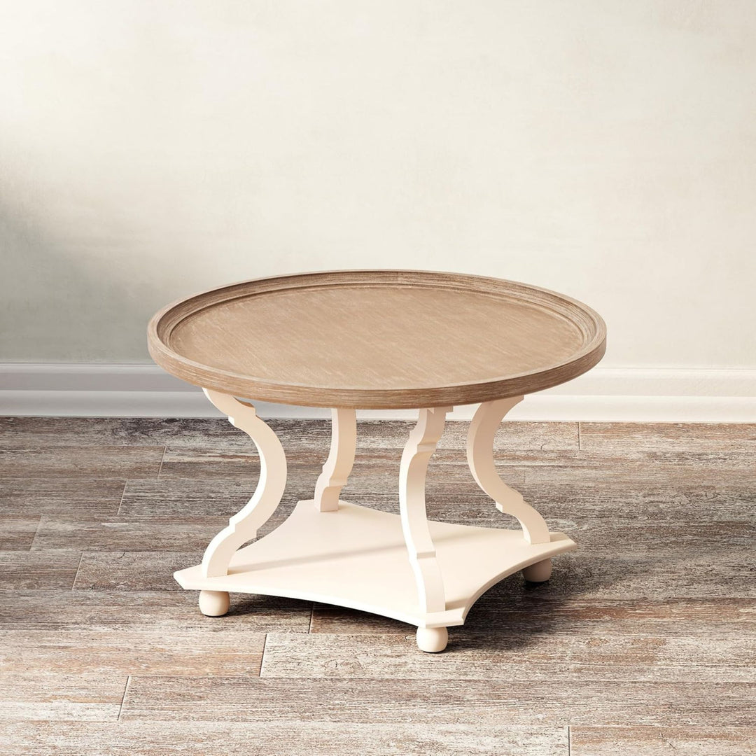 COZAYH Round Rustic Coffee Table Wood Tray Top Accent Storage, White (Open Box) - VMInnovations