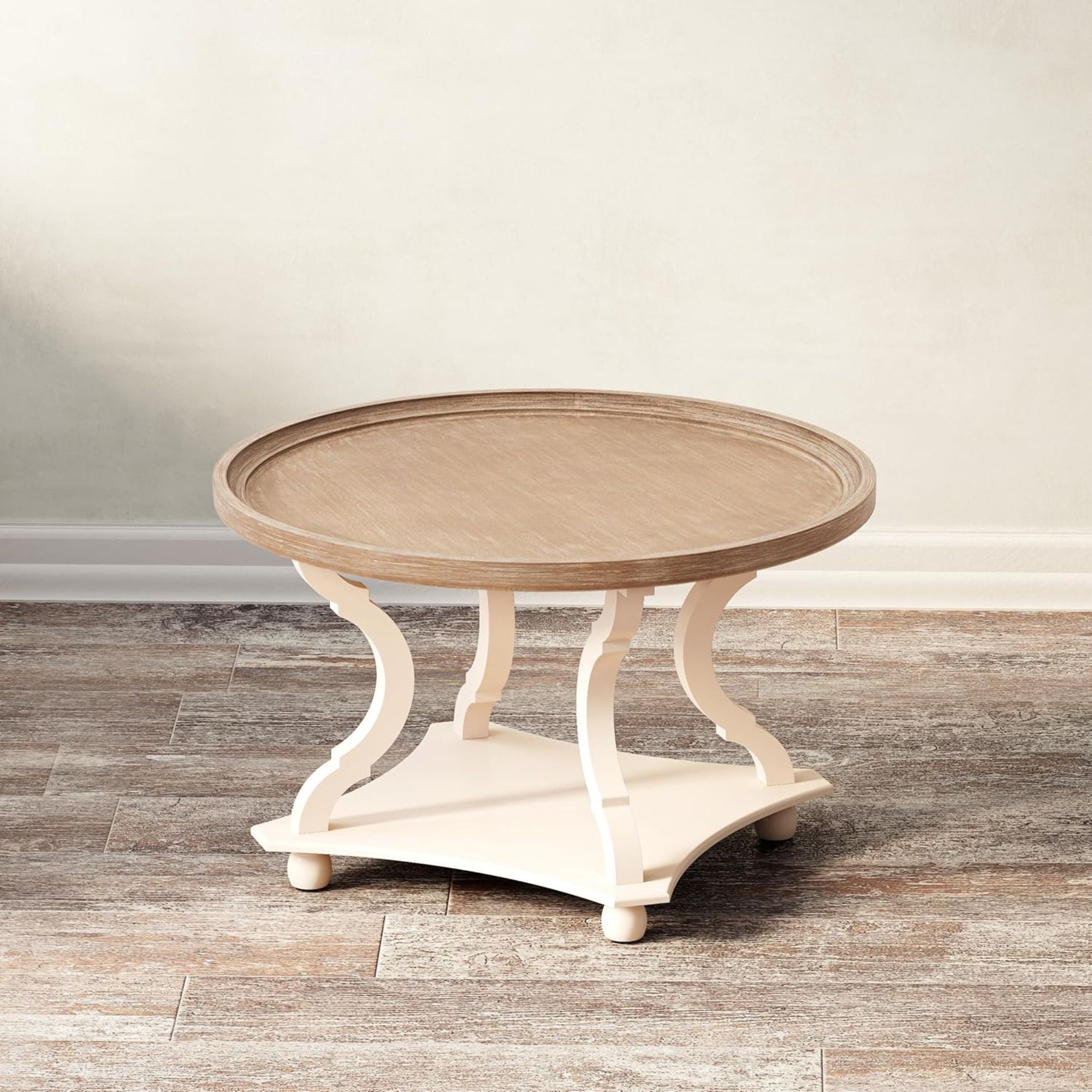 COZAYH Round Rustic Coffee Table Wood Tray Top Accent Storage, White (Open Box)