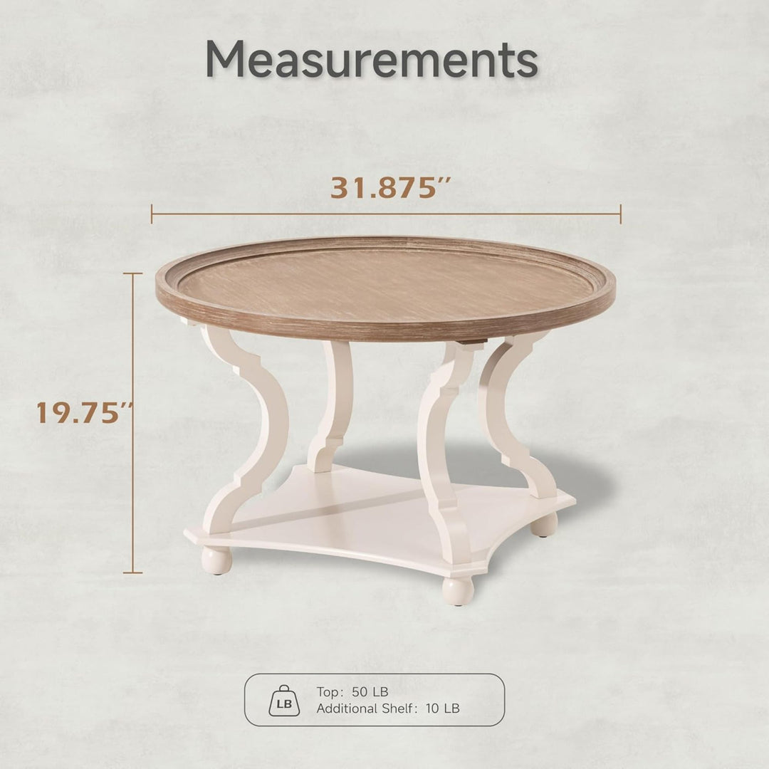COZAYH Round Rustic Coffee Table Wood Tray Top Accent Centerpiece Storage, White